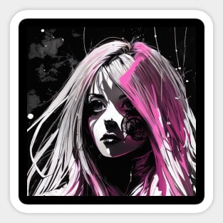 Timeless Expressions: Endearing Black and White Anime Girl Portraits Goth GOthic Fashion Dark Pink Hair Sticker